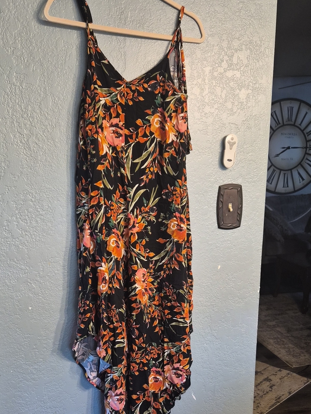 1. State Black Floral Asymmetrical Maxi Dress with Orange and Pink Blossoms